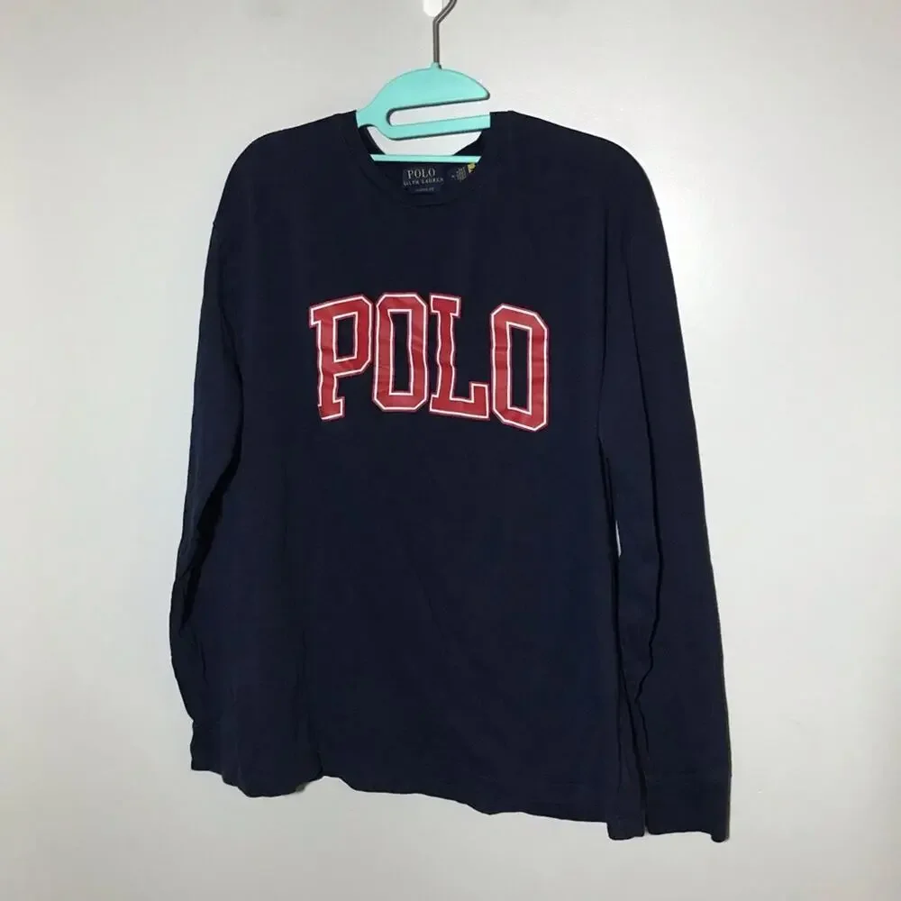 Polo Ralph Lauren classic fit navy jersey red logo long sleeve cotton tshirt M